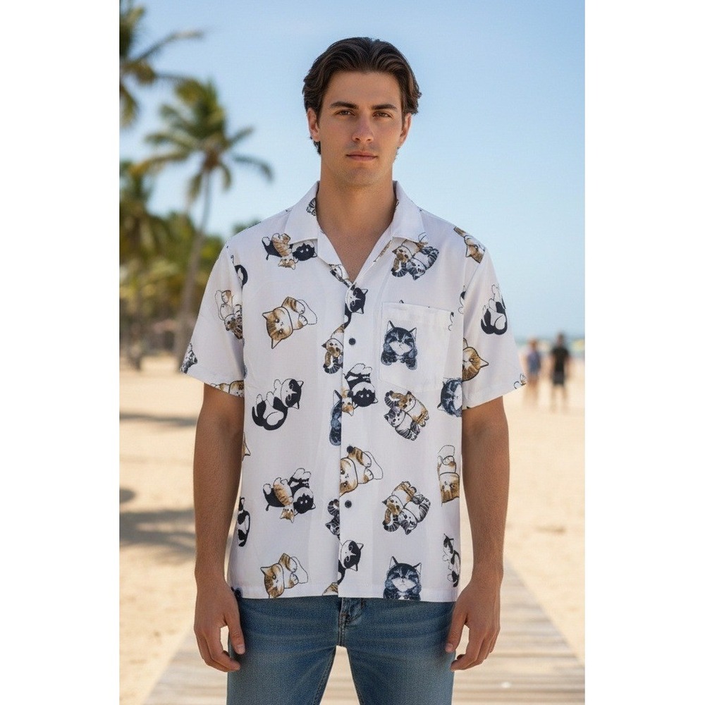 Nadear Men's Cat Print‎ Button Up Shirt Short Sleeve Animal Print Beach Size M